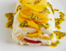 Passionfruit, Mango and Strawberry Pavlova Roll