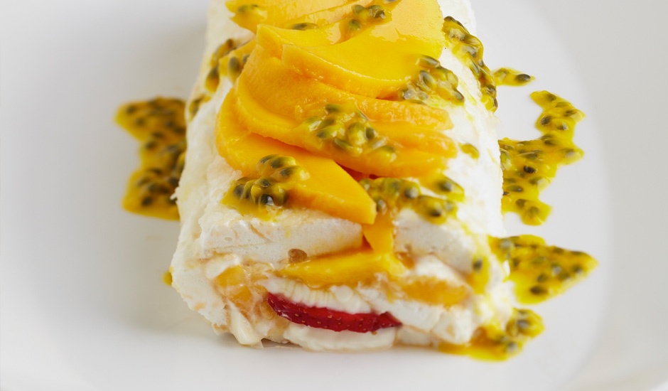 Passionfruit, Mango-and-Strawberry-Pavlova-Roll